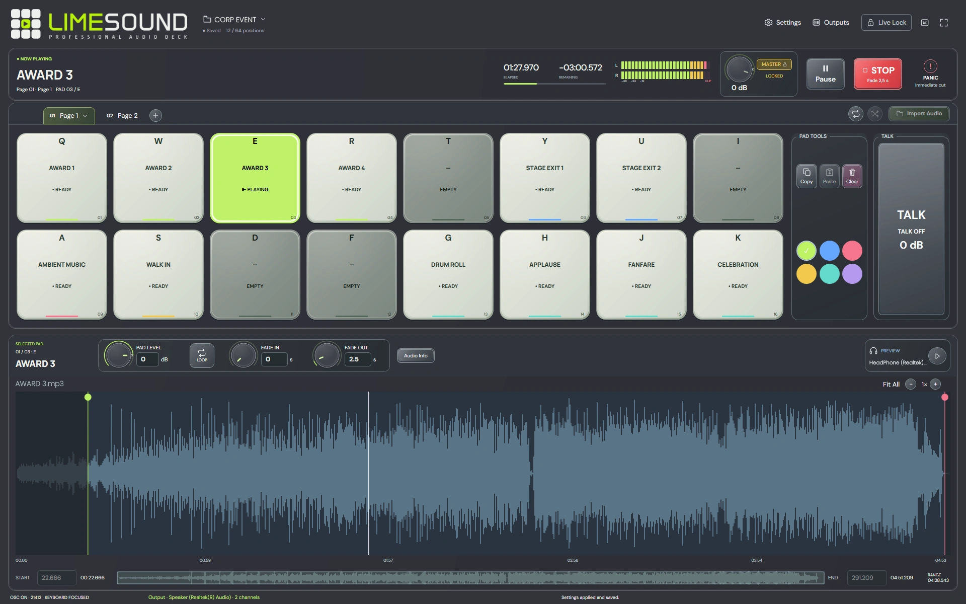 LimeSound in its default LimeGlow skin: Award 3 selected and playing, sixteen pads, TALK, separate Preview controls and the matching cue waveform.